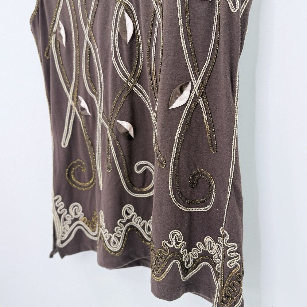Lauren Michelle Brown Metallic Embroidered Applique Blouse Sz M Art To Wear Boho - Picture 4 of 8